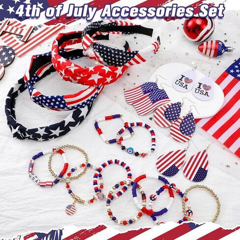 Kingdder 18 جهاز كمبيوتر شخصى الرابع من يوليو النساء الملحقات مجموعات العلم الأمريكي الأقراط الوطنية عصابات البوهيمي تمتد الأساور الولايات المتحدة الأمريكية العلم مجموعة المجوهرات التذكارية عيد الاستقلال هدايا حزب للنساء الفتيات in Kuwait