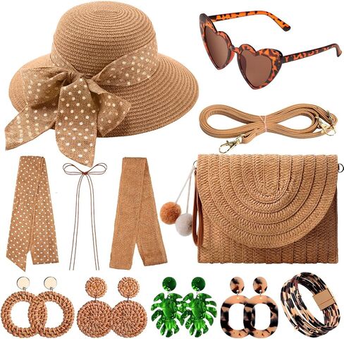 JaGely 15 Pcs Summer Women Straw Sun Hats Wide Brim Beach Hat Straw Shoulder Bag Set with Heart Shape Glasses Boho Dangle Earrings Leopard Bracelet Floppy Beach Wallet Sun Hat in Saudi Arabia