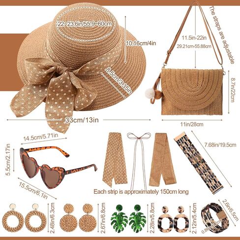 JaGely 15 Pcs Summer Women Straw Sun Hats Wide Brim Beach Hat Straw Shoulder Bag Set with Heart Shape Glasses Boho Dangle Earrings Leopard Bracelet Floppy Beach Wallet Sun Hat in Saudi Arabia