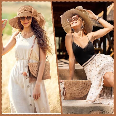 JaGely 15 Pcs Summer Women Straw Sun Hats Wide Brim Beach Hat Straw Shoulder Bag Set with Heart Shape Glasses Boho Dangle Earrings Leopard Bracelet Floppy Beach Wallet Sun Hat in Saudi Arabia