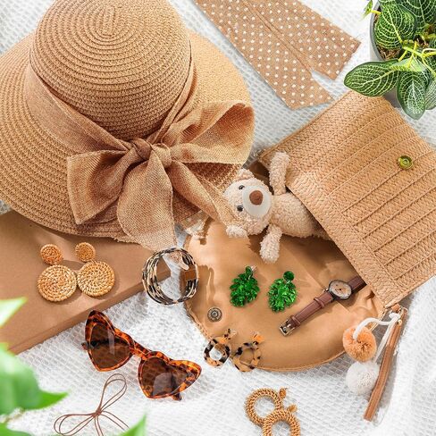 JaGely 15 Pcs Summer Women Straw Sun Hats Wide Brim Beach Hat Straw Shoulder Bag Set with Heart Shape Glasses Boho Dangle Earrings Leopard Bracelet Floppy Beach Wallet Sun Hat in Saudi Arabia