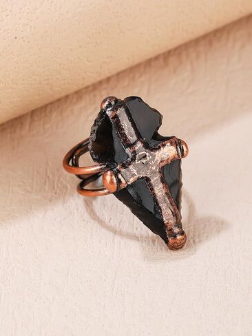 Big Cross Natural Black Obsidian Statement Ring for Women Girls Midi Thumb Adjustable Gemstone Dainty Trendy Simple Party Wedding Band Rings Jewelry Birthday Party Gifts in Kuwait