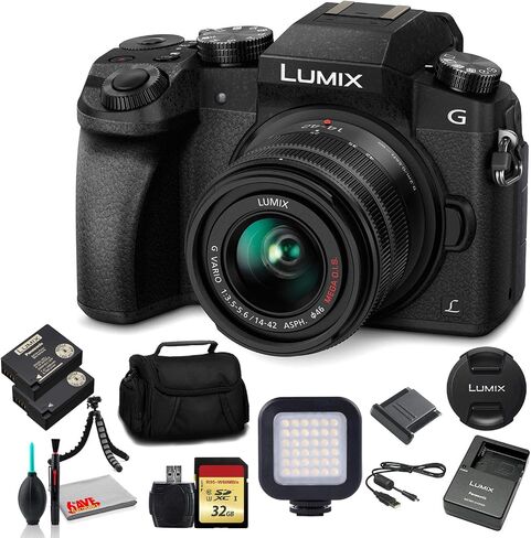 Panasonic Lumix DMC-G7 Mirrorless Digital Camera with 14-42mm Lens (Black) (DMC-G7KK) - Bundle - with LED Light + DMW-BLC12 Battery + 32GB Card + Soft Bag + 12 Inch Flexible Tripod + More (Renewed) in Saudi Arabia