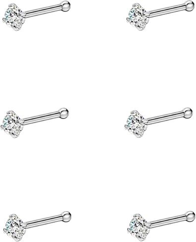 FANSING 6pcs Straight Nose Bones Studs for Women Round Clear CZ Nose Studs in Saudi Arabia