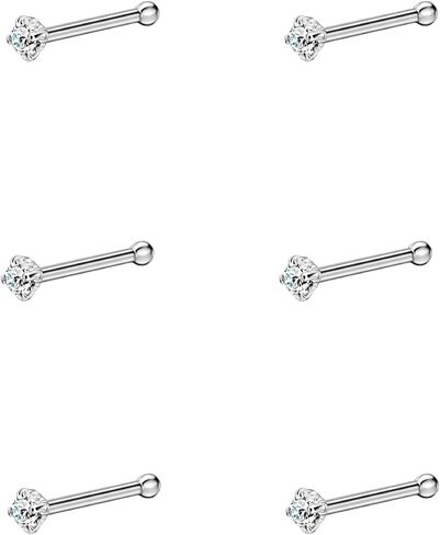 FANSING 6pcs Straight Nose Bones Studs for Women Round Clear CZ Nose Studs in Saudi Arabia