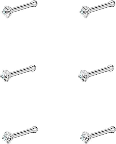 FANSING 6pcs Straight Nose Bones Studs for Women Round Clear CZ Nose Studs in Saudi Arabia