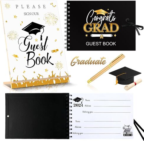 Nezyo 3 Pcs Graduation Guest Book Class of 2024 Graduation Sign Book with Pen Wood Table Sign Party Supplies Guest Graduation Sign in Book Memory Book for High School College Graduation Gift(Elegant) in Saudi Arabia