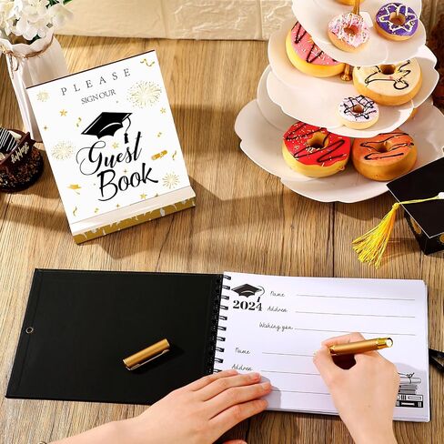 Nezyo 3 Pcs Graduation Guest Book Class of 2024 Graduation Sign Book with Pen Wood Table Sign Party Supplies Guest Graduation Sign in Book Memory Book for High School College Graduation Gift(Elegant) in Saudi Arabia