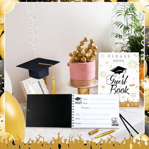 Nezyo 3 Pcs Graduation Guest Book Class of 2024 Graduation Sign Book with Pen Wood Table Sign Party Supplies Guest Graduation Sign in Book Memory Book for High School College Graduation Gift(Elegant) in Saudi Arabia