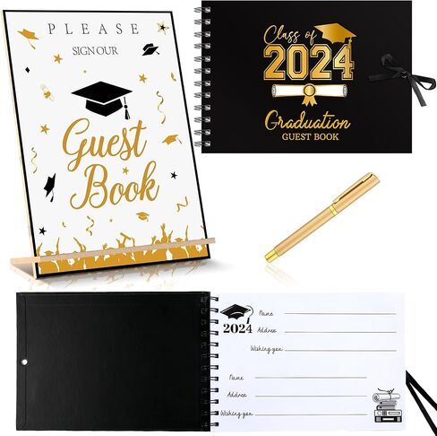 Nezyo 3 Pcs Graduation Guest Book Class of 2024 Graduation Sign Book with Pen Wood Table Sign Party Supplies Guest Graduation Sign in Book Memory Book for High School College Graduation Gift(Elegant) in Saudi Arabia