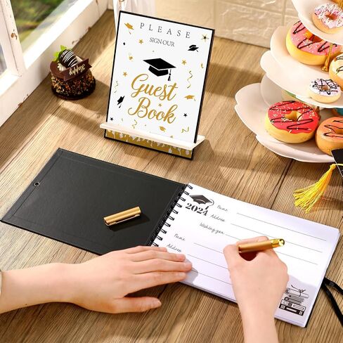 Nezyo 3 Pcs Graduation Guest Book Class of 2024 Graduation Sign Book with Pen Wood Table Sign Party Supplies Guest Graduation Sign in Book Memory Book for High School College Graduation Gift(Elegant) in Saudi Arabia