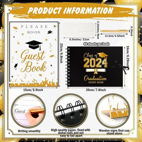 Nezyo 3 Pcs Graduation Guest Book Class of 2024 Graduation Sign Book with Pen Wood Table Sign Party Supplies Guest Graduation Sign in Book Memory Book for High School College Graduation Gift(Elegant) in Saudi Arabia