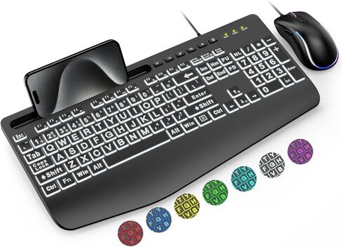 لوحة مفاتيح وماوس سلكية من SABLUTE، طباعة كبيرة، 4 أوضاع إضاءة خلفية و7 ألوان، مسند للمعصم، حامل هاتف، مجموعة لوحات مفاتيح مريحة، مفاتيح حروف كبيرة لكبار السن، ضعاف البصر، متوافق مع أجهزة الكمبيوتر الشخصية والكمبيوتر المحمول in Kuwait