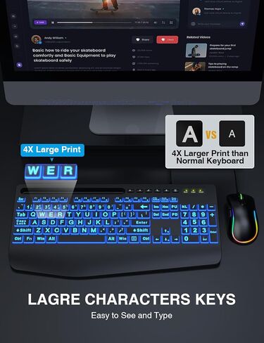 لوحة مفاتيح وماوس سلكية من SABLUTE، طباعة كبيرة، 4 أوضاع إضاءة خلفية و7 ألوان، مسند للمعصم، حامل هاتف، مجموعة لوحات مفاتيح مريحة، مفاتيح حروف كبيرة لكبار السن، ضعاف البصر، متوافق مع أجهزة الكمبيوتر الشخصية والكمبيوتر المحمول in Kuwait