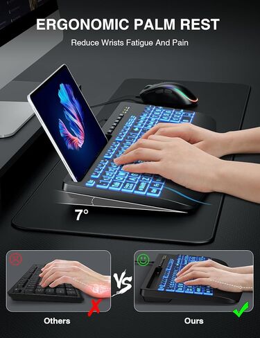 لوحة مفاتيح وماوس سلكية من SABLUTE، طباعة كبيرة، 4 أوضاع إضاءة خلفية و7 ألوان، مسند للمعصم، حامل هاتف، مجموعة لوحات مفاتيح مريحة، مفاتيح حروف كبيرة لكبار السن، ضعاف البصر، متوافق مع أجهزة الكمبيوتر الشخصية والكمبيوتر المحمول in Kuwait