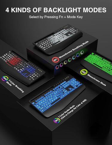لوحة مفاتيح وماوس سلكية من SABLUTE، طباعة كبيرة، 4 أوضاع إضاءة خلفية و7 ألوان، مسند للمعصم، حامل هاتف، مجموعة لوحات مفاتيح مريحة، مفاتيح حروف كبيرة لكبار السن، ضعاف البصر، متوافق مع أجهزة الكمبيوتر الشخصية والكمبيوتر المحمول in Kuwait