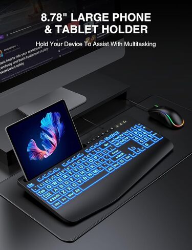 لوحة مفاتيح وماوس سلكية من SABLUTE، طباعة كبيرة، 4 أوضاع إضاءة خلفية و7 ألوان، مسند للمعصم، حامل هاتف، مجموعة لوحات مفاتيح مريحة، مفاتيح حروف كبيرة لكبار السن، ضعاف البصر، متوافق مع أجهزة الكمبيوتر الشخصية والكمبيوتر المحمول in Kuwait