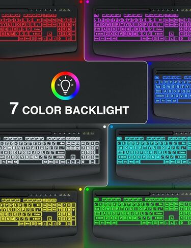لوحة مفاتيح وماوس سلكية من SABLUTE، طباعة كبيرة، 4 أوضاع إضاءة خلفية و7 ألوان، مسند للمعصم، حامل هاتف، مجموعة لوحات مفاتيح مريحة، مفاتيح حروف كبيرة لكبار السن، ضعاف البصر، متوافق مع أجهزة الكمبيوتر الشخصية والكمبيوتر المحمول in Kuwait