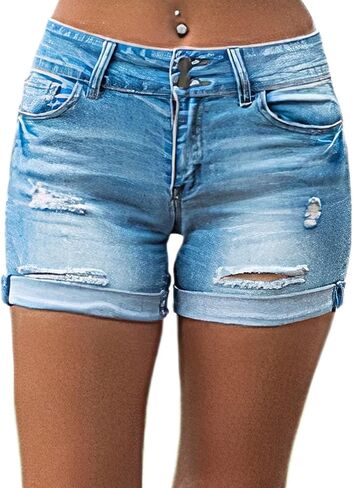 Flamingals Ripped Denim Shorts for Women Button Up Distressed Raw Hem Jean Shorts in Saudi Arabia