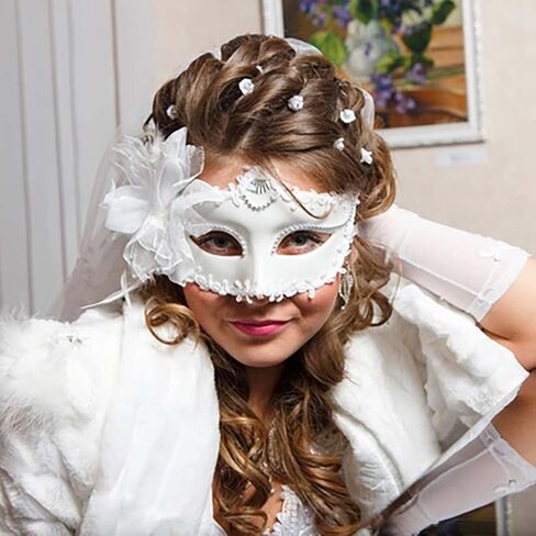 قناع تنكر البندقية للنساء من ديلادولا، أقنعة الدانتيل الأبيض، حفلة الزهور، حفلة موسيقية، زي ماردي غرا in Kuwait