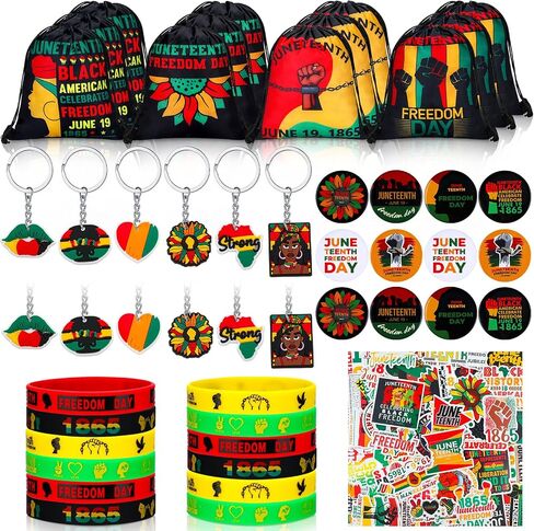 Ecation 98 Pcs Juneteenth Party Favors Include 12 African Silicone Bracelets 12 Freedom 1865 Keychain 12 Button Pins 50 Stickers 12 Drawstring Backpack for Black History Month Gift Supplies Decoration in Saudi Arabia