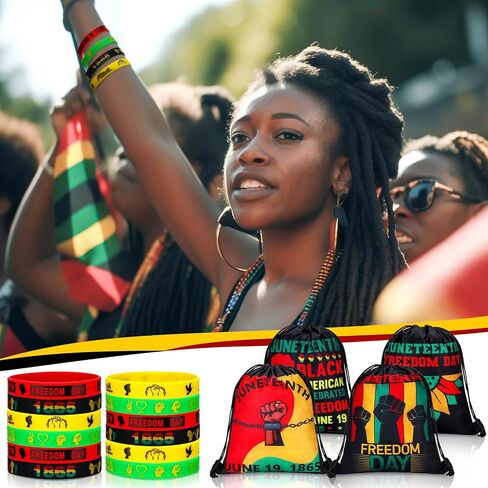 Ecation 98 Pcs Juneteenth Party Favors Include 12 African Silicone Bracelets 12 Freedom 1865 Keychain 12 Button Pins 50 Stickers 12 Drawstring Backpack for Black History Month Gift Supplies Decoration in Saudi Arabia