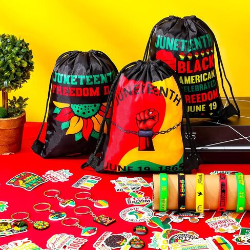 Ecation 98 Pcs Juneteenth Party Favors Include 12 African Silicone Bracelets 12 Freedom 1865 Keychain 12 Button Pins 50 Stickers 12 Drawstring Backpack for Black History Month Gift Supplies Decoration in Saudi Arabia