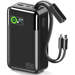 65W Portable Laptop Charger - 42,800mAh Power Bank with Built-in 2 Braided Cables, 4-Port 130W Total Fast Charging USB-C Battery Pack w/Color Display for MacBook/Dell/HP/iPhone/Steam Deck in Kuwait