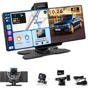 Kuayvan 10.26" Wireless Carplay Screen for Car with 4K Dash Cam, Portable Apple Carplay & Android Auto Touchscreen with 1080p Backup Camera/Mirror Link/Voice Control/GPS/Bluetooth,for All Vehicles in Kuwait
