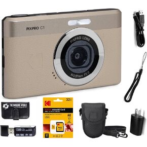 Kodak PIXPRO C1 Compact Digital Camera Tan 13MP Compact Point and Shoot with 2.8" 180° Tilt LCD Flip Screen, 4X Zoom and 1080P Full HD Video for Travel, Vlogging + Case, 32GB Card and Reader Bundle in Saudi Arabia