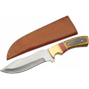 SZCO Full Tang Upsweep Hunting Knife 9.5 Inch - Pocket Knife with Stainless Steel Blade, Red Amber Wooden/Brass Handle & Leather Sheath - Camping Knife for hunting - Skinning knife for Men in Saudi Arabia
