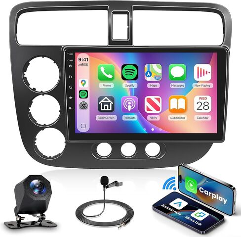 2G+64G Android 13 Car Stereo for Honda Civic 2001-2005 with Wireless Carplay Android Auto, 9 Inch Touch Screen Radio Support GPS, WiFi, Bluetooth, FM, SWC, Backup Camera in Kuwait