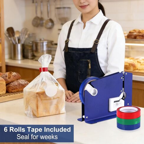 Steel Tape Bag Sealer with 6 Rolls of Tape, Manual Bag Taper Machine with Built-in Trimmer, Metal Taper Dispenser for Ground Meat Packaging System, Supermarket and Bakery in Saudi Arabia