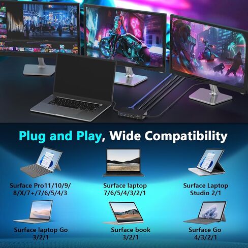 محطة إرساء Surface Pro - قاعدة إرساء جديدة لعام 2026 لأجهزة Surface Pro 11/10/9/8/X/7/6/5/4/3، وSurface Laptop 7/6/5/4/3/2/1، وSurface Laptop Go، وSurface Go 4/3/2/1 Dual HDMI+VGA مع قاعدة محول الطاقة in Kuwait