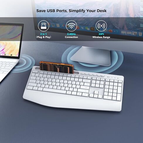 KYSONA 5th Gen Wireless Keyboard,2.4G Full-Sized Cordless Ergonomic Keyboard with Wrist Rest, Phone ipad Holder, Adjustable Angle, Compatible with Laptop/PC/Mac/Windows, White in Saudi Arabia
