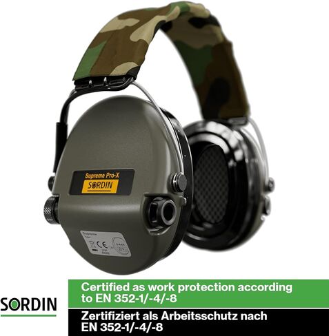 Sordin Supreme PRO X SOR75302-X-G-S - Active Adjustable Ear Muffs - Hearing Protection - Gel Seals - Camo Canvas Headband and Green Cups in Kuwait