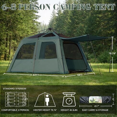 Castle Unicorn Instant 6-8 Person Camping Tent with Porch, Large Family Cabin Tent with 2 Rooms, Tall & Spacious 60s Easy Setup, Waterproof Glamping Tent, Big Tents for Outdoor Camping Hiking Backyard in Kuwait