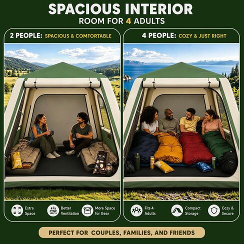 Inflatable Tents for Camping, Blow Up Tent House, Easy Setup Air Tent with Awning, Waterproof Glamping Tents for Camping Adult 4 Person (Green) in Kuwait