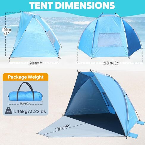 Chihee Beach Tent for 1/2/3 Person, Portable Camping Sun Shelter with Extended Floor, UV Protection Silver Coated Canopy, Privacy Changing Option, Wind Resistant with Sandbags, Lightweight Beach Shade in Kuwait