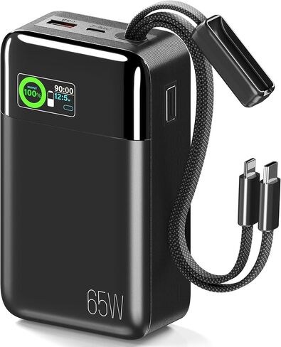 65W Portable Laptop Charger - 42,800mAh Power Bank with Built-in 2 Braided Cables, 4-Port 130W Total Fast Charging USB-C Battery Pack w/Color Display for MacBook/Dell/HP/iPhone/Steam Deck in Kuwait