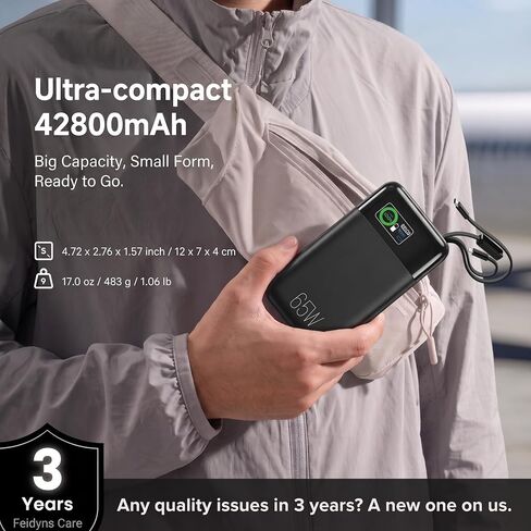 65W Portable Laptop Charger - 42,800mAh Power Bank with Built-in 2 Braided Cables, 4-Port 130W Total Fast Charging USB-C Battery Pack w/Color Display for MacBook/Dell/HP/iPhone/Steam Deck in Kuwait