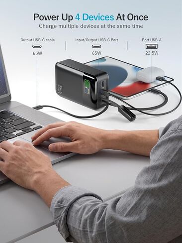 65W Portable Laptop Charger - 42,800mAh Power Bank with Built-in 2 Braided Cables, 4-Port 130W Total Fast Charging USB-C Battery Pack w/Color Display for MacBook/Dell/HP/iPhone/Steam Deck in Kuwait