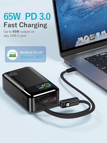 65W Portable Laptop Charger - 42,800mAh Power Bank with Built-in 2 Braided Cables, 4-Port 130W Total Fast Charging USB-C Battery Pack w/Color Display for MacBook/Dell/HP/iPhone/Steam Deck in Kuwait