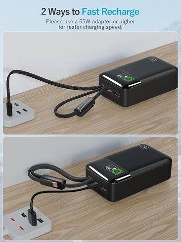 65W Portable Laptop Charger - 42,800mAh Power Bank with Built-in 2 Braided Cables, 4-Port 130W Total Fast Charging USB-C Battery Pack w/Color Display for MacBook/Dell/HP/iPhone/Steam Deck in Kuwait