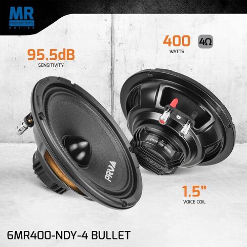 PRV AUDIO 6.5 Inch Midrange Neodymium Speaker 400 Watts RMS 4 Ohm Pair 6MR400-NDY-4 Bullet, High Performance Car Audio Loudspeaker High Output Sound, Black Bullet Neo Mid (2 Speakers) in Kuwait