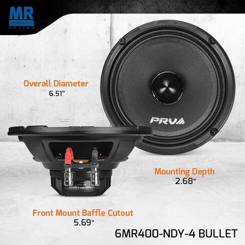 PRV AUDIO 6.5 Inch Midrange Neodymium Speaker 400 Watts RMS 4 Ohm Pair 6MR400-NDY-4 Bullet, High Performance Car Audio Loudspeaker High Output Sound, Black Bullet Neo Mid (2 Speakers) in Kuwait