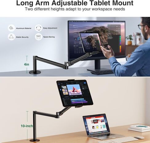 elitehood Long Arm iPad Desk Mount with Grommet Mounting Base, Heavy Duty Aluminum Tablet Holder for Desk, Swivel Arm Mount for iPad Pro 13/12.9 Air Mini, iPhone and 4.7-13in Tablets in Saudi Arabia