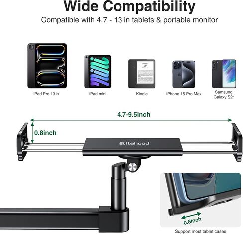 elitehood Long Arm iPad Desk Mount with Grommet Mounting Base, Heavy Duty Aluminum Tablet Holder for Desk, Swivel Arm Mount for iPad Pro 13/12.9 Air Mini, iPhone and 4.7-13in Tablets in Saudi Arabia