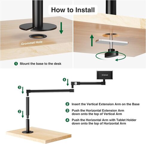 elitehood Long Arm iPad Desk Mount with Grommet Mounting Base, Heavy Duty Aluminum Tablet Holder for Desk, Swivel Arm Mount for iPad Pro 13/12.9 Air Mini, iPhone and 4.7-13in Tablets in Saudi Arabia