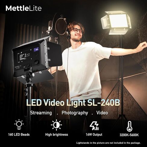Mettlelite SL240B LED Video Light with Barndoor & Mini Tripod, Ultra Bright Bi-Color Panel, Dimmable 3200K-5600K CRI 95+, Portable Studio Lighting Kit for Photography, Video & Live Streaming in Kuwait